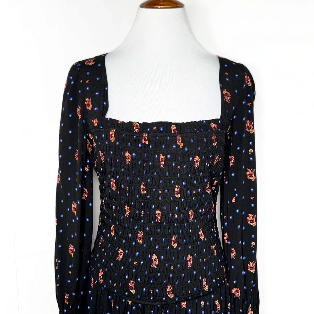 Free People Smocked Floral Celestial Star Black Long Sleeve Skater Mini Dress - Picture 4 of 14